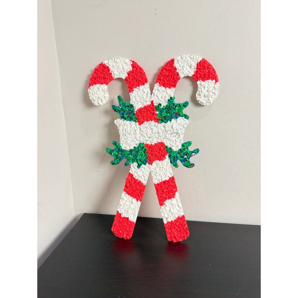 Vintage Melted Popcorn Plastic Christmas Candy Cane Wall Hanging Decoration 18in